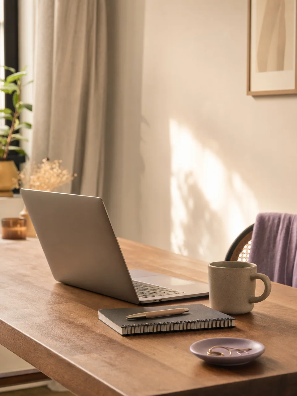 A freelancer's calm desk with a laptop in warm morning light